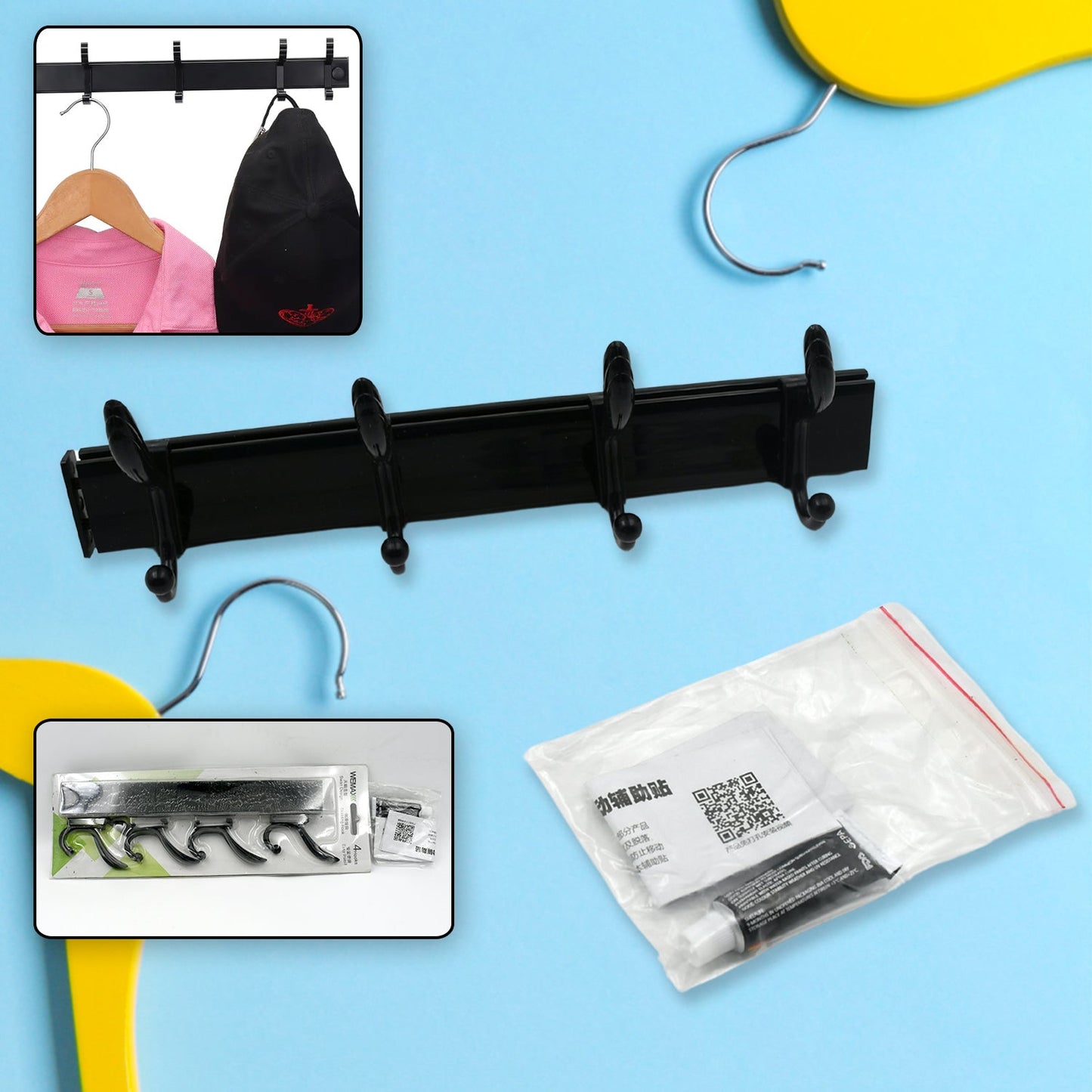 Cloth hanger, Wall Door Hooks Rail for Hanging Clothes for Hanging Hook Rack Rail, Extra Long Coat Hanger Wall Mount for Clothes, Jacket, Hats, 6 Hook With Eco-friendly Liquid Adhesive Glue