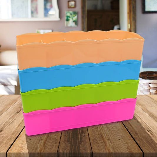 Pack of 4 storage boxes with 5 compartments for organizing socks and accessories.