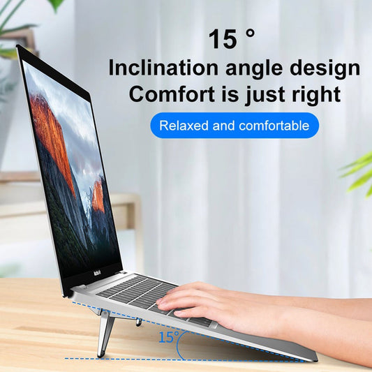 Metal folding stand, portable, compatible with laptops and tablets.