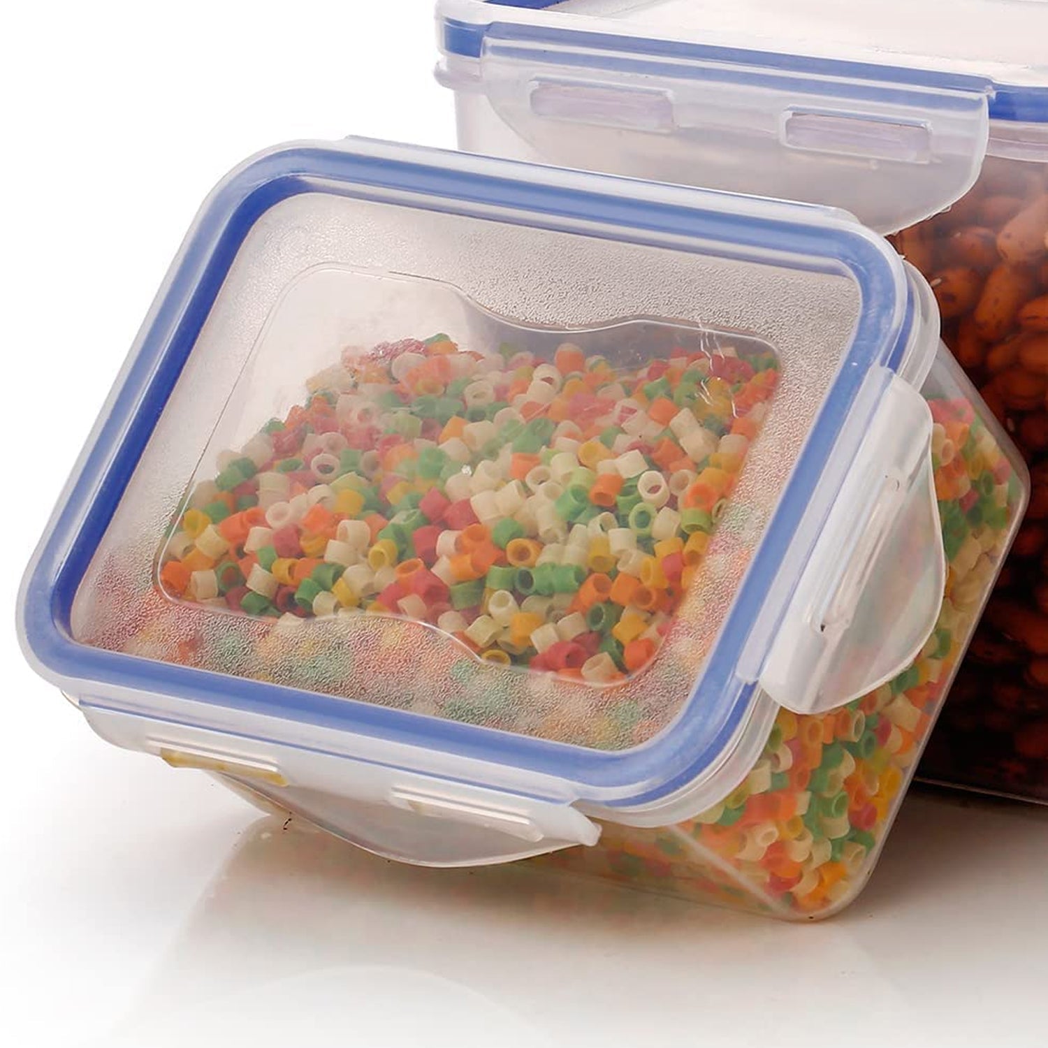 Transparent storage containers for food with tight-sealing lids