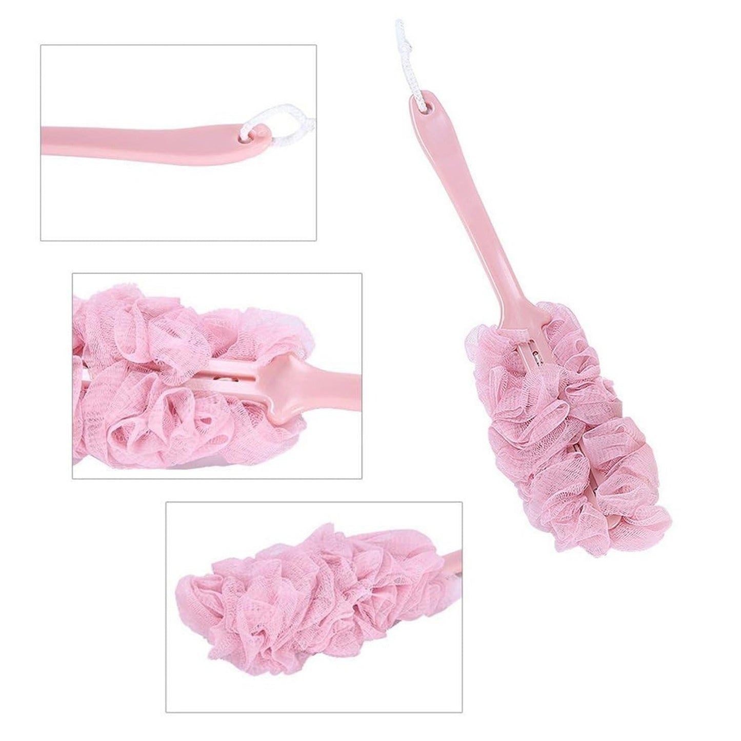 Shower brush with long handle and nylon mesh