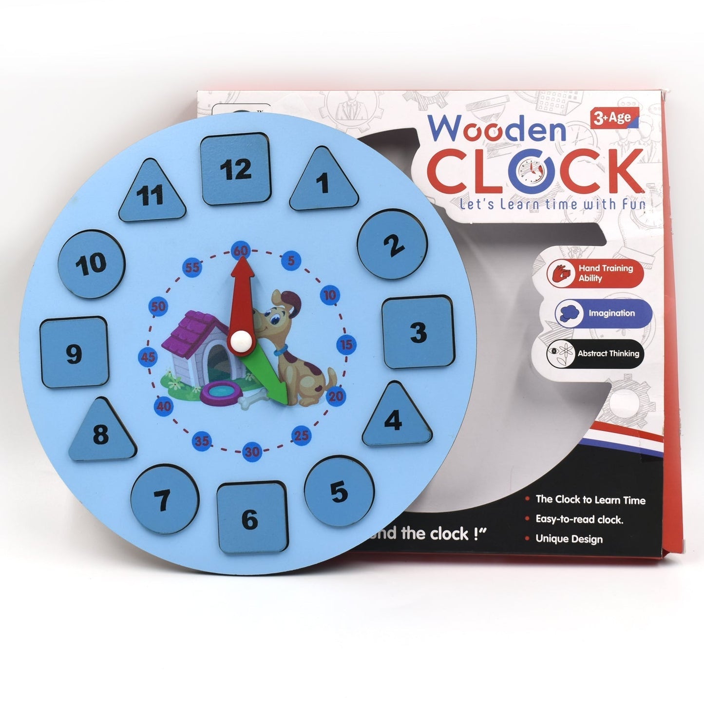 Complete view of wooden clock toy, suitable for learning and play.