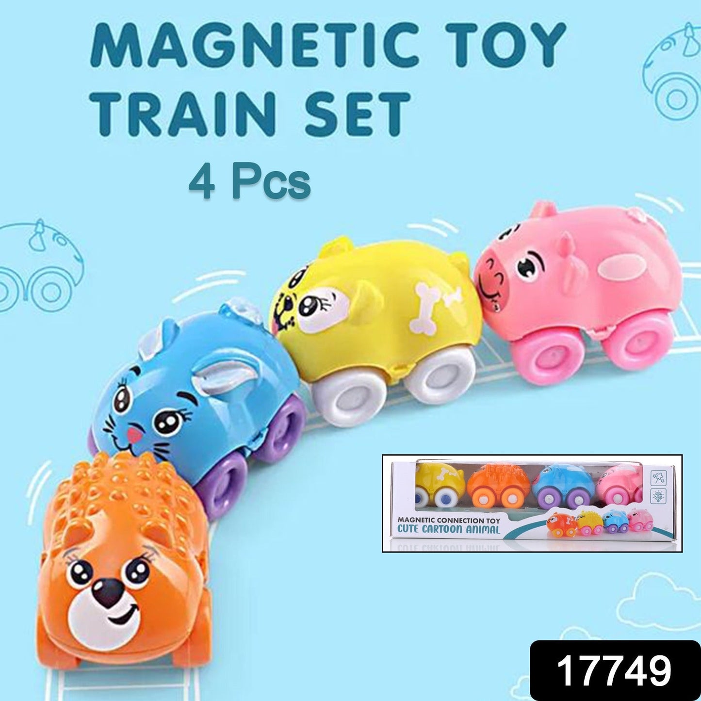 Magnetic Connection Toy, Cute Cartoon Animal, Colorful Magnetic Mini Cartoon Animal Car Intelligence Kids Toy Home Decor, Train Set (4 Pc Set)